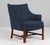 Frits Henningsen lounge chair new upholstered with blue Lillehammer wool fabric. Frame of mahogany. Made in the 1940s....