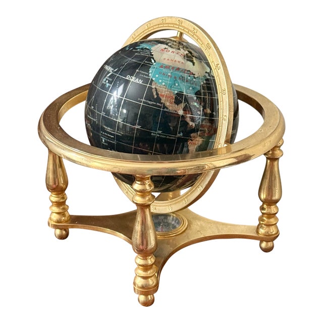 Late 20th Century Black World Globe With Semiprecious Gemstones on Brass Base For Sale