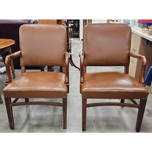Gunlocke Pair of Mid 20th Century Gunlocke Georgian Style Mahogany and Vinyl Armchairs For Sale - Image 4 of 9