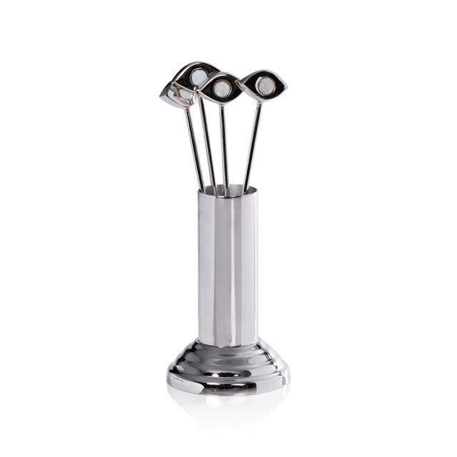 Transitional Evil Eye 4-Piece Set Cocktail Picks with Stand- Nickel For Sale - Image 3 of 3
