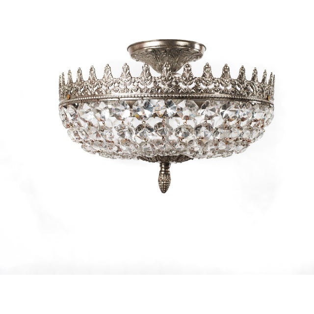 Metal 1960s Spanish French Empire Nickel Plated Brass Crystal Basket Semi Flush Mounts - A Pair For Sale - Image 7 of 8