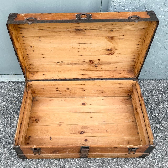 Brown Antique Low Profile Flat Top Wooden Trunk For Sale - Image 8 of 10