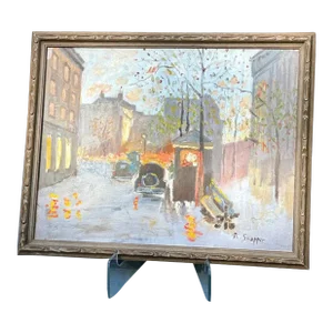 1940s Dutch Street Scene Cityscape Oil on Canvas Painting