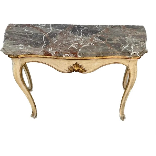 Pair of 19th Century Italian Painted and Gilt Marble-Top Console Tables For Sale - Image 4 of 11