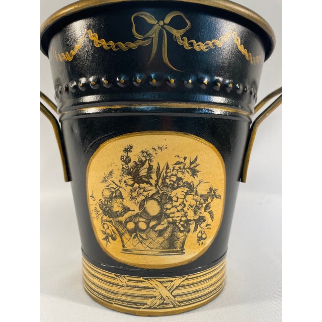 French Country Vintage French Black and Gold Tole Cachepot For Sale - Image 3 of 12
