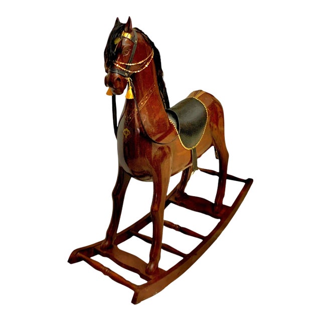 Vintage Large Heavy Wooden Rocking Horse With Brass Leather and Hair Accent For Sale