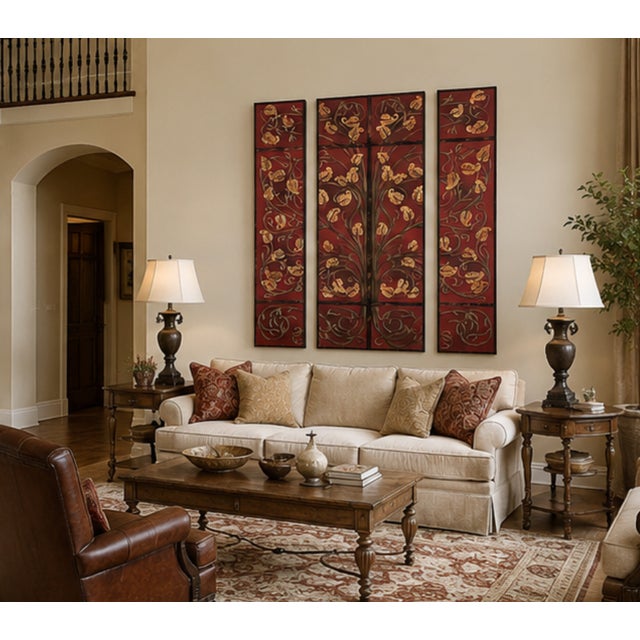 Striking vintage three-piece metal wall art panel set featuring an elegant scrolling floral and vine motif in rich...
