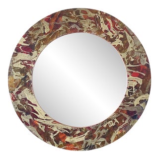 Vintage Mixed Media Collage Marbled Round Mirror For Sale