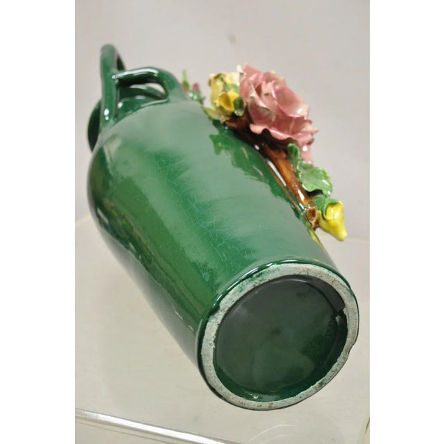 Vtg Victorian Style Green Ceramic Capodimonte 18" Vase With Pink Yellow Flowers For Sale - Image 9 of 13