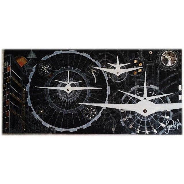 Simona DELLA BELLA Time Travel mixed media on wood hand signed lower right 60 x 126 cm White airplanes fly over this...