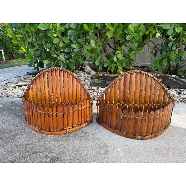 Vintage Split Bamboo Wall Baskets With Scalloped Form, Pair For Sale - Image 4 of 10