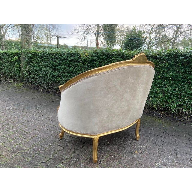 c.1900 French Marquise Gold Beech Velvet Loveseat For Sale - Image 11 of 13