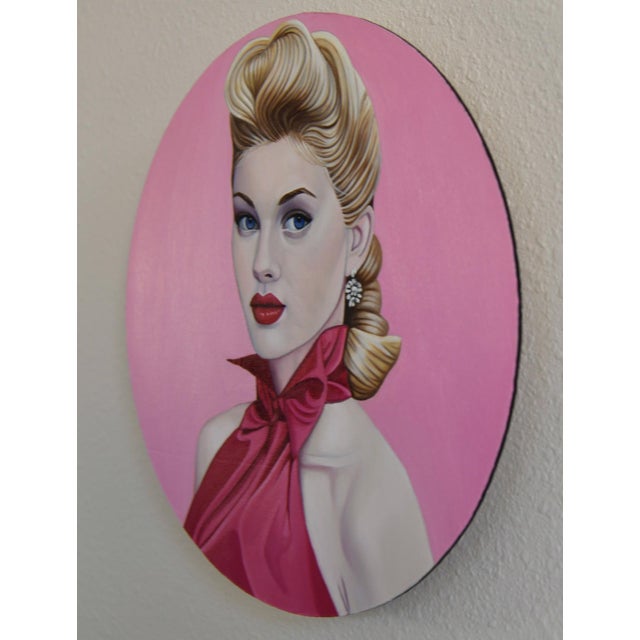 Contemporary Pink by Suzy Smith | Oil on Linen on Artefex Panel Portrait of a woman with blonde hair For Sale - Image 3 of 3