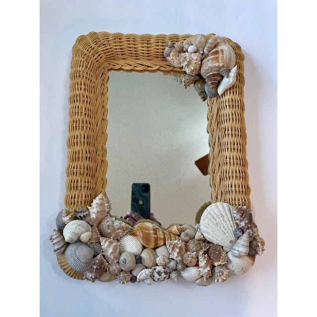 1980s Vintage Small Wicker Mirror With Seashell Embellishments For Sale - Image 12 of 12