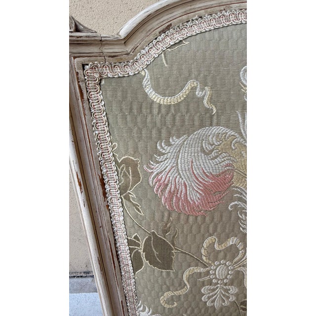 Pair of Vintage Louis XVI Style Painted Dining Chairs With Sage & Blush Jacquard Upholstery For Sale - Image 9 of 10