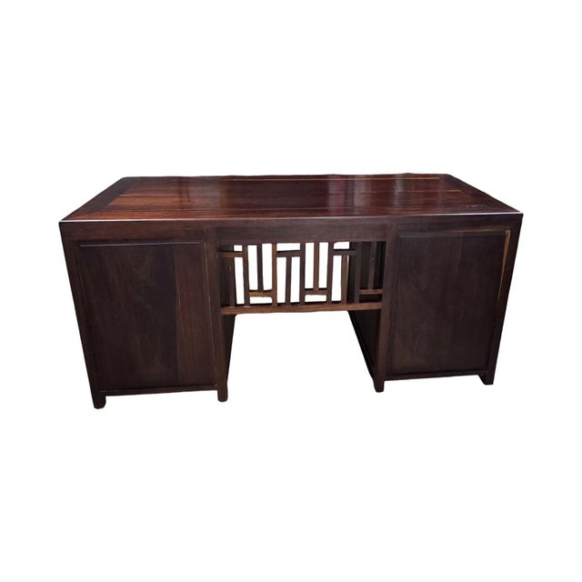 Late 20th Century Vintage Asian-Inspired Dark Wood Executive Desk With Brass Hardware & Fretwork For Sale - Image 5 of 12