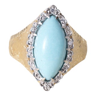 Vintage Italian 18k Gold Turquoise Cabochon and Diamond Navette Ring, Size 7.75 For Sale