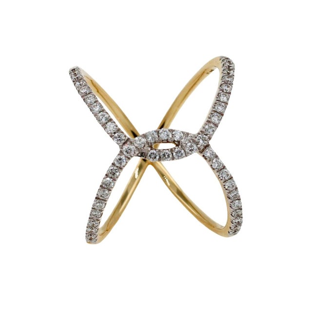 Contemporary Brilliant Cut White Diamond X Criss Cross Pave Cocktail Fashion Open Bypass 14 K For Sale - Image 3 of 10