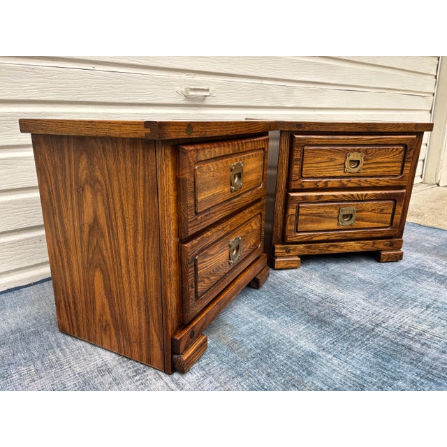 1970s Oak Campaign Style Nightstands / Accent Tables For Sale - Image 5 of 8