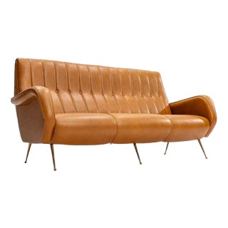 Three-Seater Sofa in Skai with Brass Feet in the style of Marco Zanuso,1950s For Sale