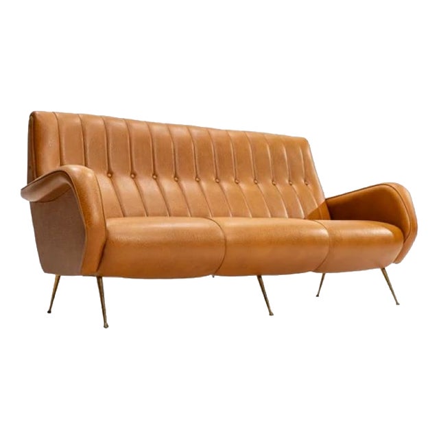 Three-Seater Sofa in Skai with Brass Feet in the style of Marco Zanuso,1950s For Sale