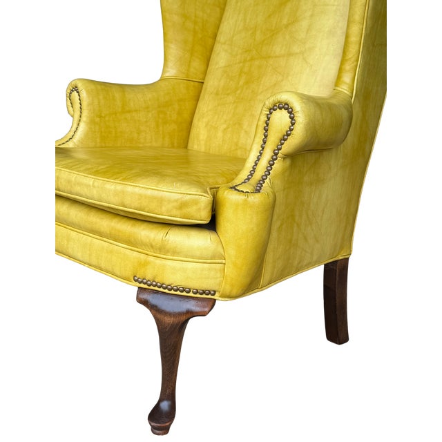 Vintage Shuford Furniture Yellow Leatherette Wingback Armchair | Queen Anne Style Faux Leather Accent Chair | Traditional Hollywood Regency For Sale - Image 13 of 14