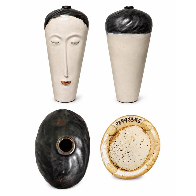 Alabaster Set of 3 Sculptural 1980’s Art Nouveau-Style Figurative Face Vases / Modern Art Pottery Vessels For Sale - Image 8 of 11