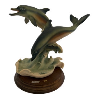 Vintage Coastal Dolphin Sculpture on Wood Base For Sale