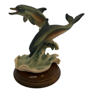 Vintage Coastal Dolphin Sculpture on Wood Base