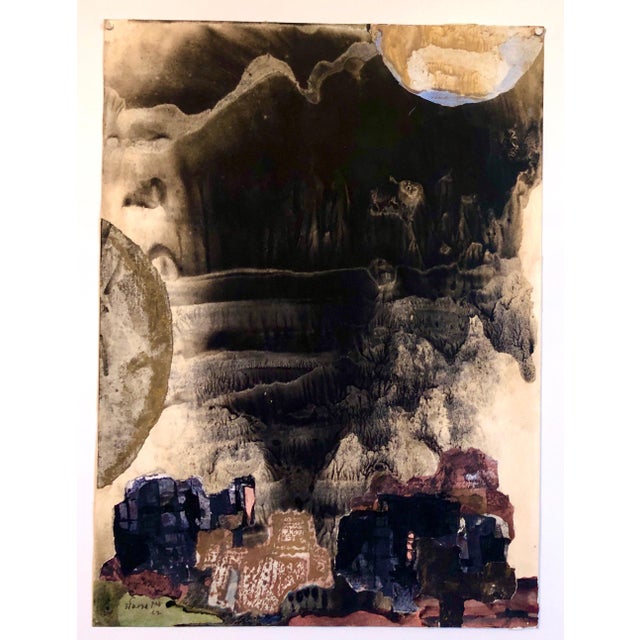 Black Yitzhak Greenfield, Kibbutz Abstract Jerusalem Nightscape Israeli Tempera Collage Painting Judaica, 1967 For Sale - Image 8 of 8