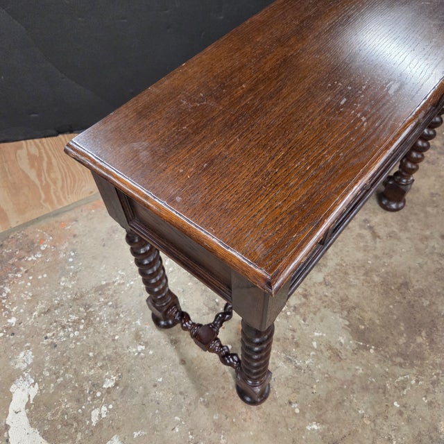 Wood Late 19th Century English Oak Barley Twist Leg & Stretcher Side Table With Drawer For Sale - Image 7 of 18