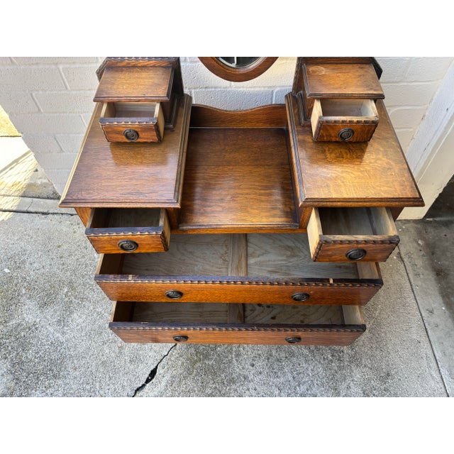 Antique 1900s Tiger Oak Vanity / Dresser With a Swivel Mirror, Featuring Barley Twist Columns and Legs For Sale - Image 12 of 12
