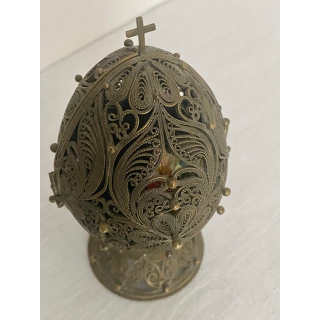 Vintage Fedoskino Russian Triptych Brass Filigree With Lacquer Egg Shape With Father Frost and the Snow Maiden Signed M. Izotova. For Sale - Image 11 of 15
