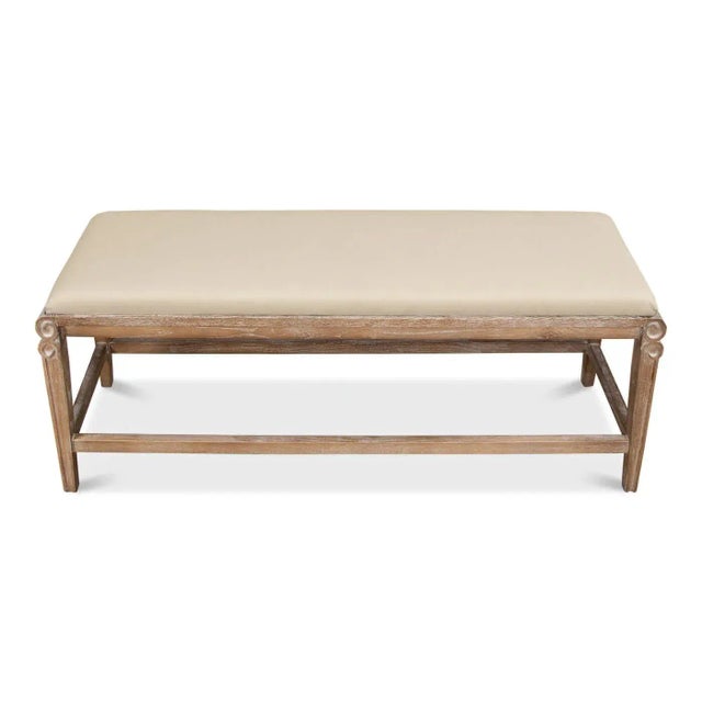 Modern Whitewash and Linen Upholstered Bench For Sale - Image 4 of 8