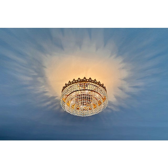 1960s 1960s Vintage French Crown Style Flush Mount Brass Chandelier With Soft Blue Crystals⁠ For Sale - Image 5 of 17