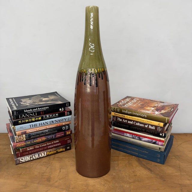 Late 20th Century Tall Brown & Olive Glazed Ceramic Vase with Slender Neck For Sale - Image 5 of 8
