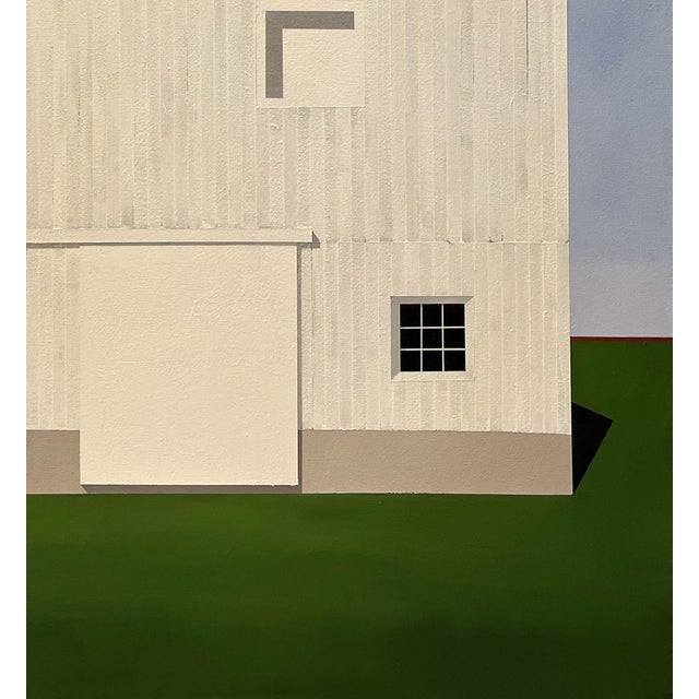 El Guapo by Justin Wheatley | Acrylic on Canvas White Barn With Green Field For Sale - Image 4 of 11