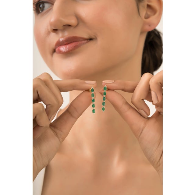 1.87ct Octagon Emerald & Diamond Linear Dangle Earrings in 14k Yellow Gold- A Pair For Sale In New York - Image 6 of 13