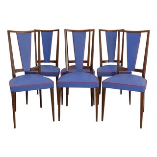 Mid-Century French Blue Red Border Dining Chairs in Teak and Skai, 1960, Set of 6 For Sale