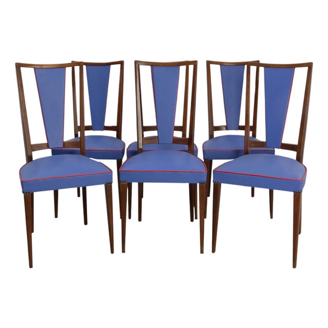 Mid-Century French Blue Red Border Dining Chairs in Teak and Skai, 1960, Set of 6 For Sale