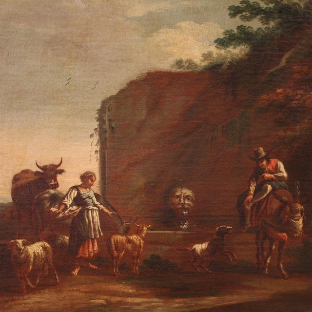 Bucolic Landscape Painting with Figures, Pastoral Scene, 1680, Oil on Canvas For Sale - Image 6 of 17