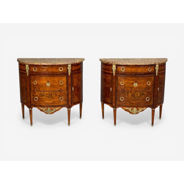 A Pair of Louis XVI Style, Demilune Commodes, Marquetry Inlay, Bronze, France, 19h c. Pair of gorgeous fully refinished...