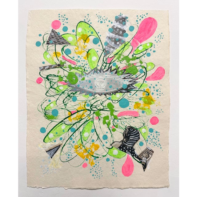 A colorful work on paper from mid career artist Ben Junta Acrylic, Collage, Ink on Paper 14.75" x 12"