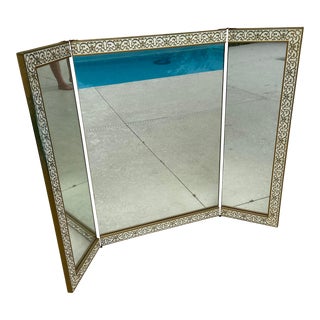 Antique Triptych Tri-Fold Metal Wall or Freestanding Dresser Top Mirror For Sale