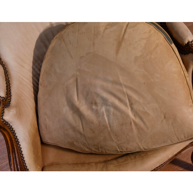 Beige 1900 Antique French Louis XV Hand Carved Walnut Living Room Chair / Used Fabric For Sale - Image 8 of 18