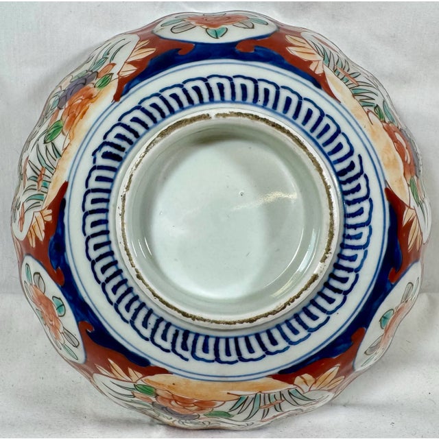 Vintage Scalloped Edge Imari Bowl Decorated With Colorful Floral Patterns & Butterflies From Japan - Circa 1940 For Sale - Image 10 of 12