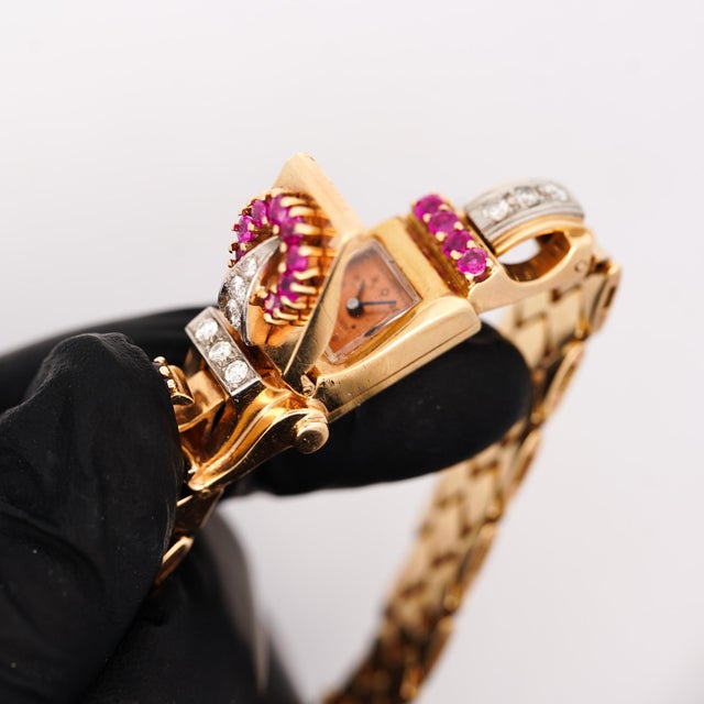 Mid 20th Century Mercedes Signed 14k Gold Ruby & Diamond Art Deco Hidden Watch Bracelet For Sale - Image 14 of 14