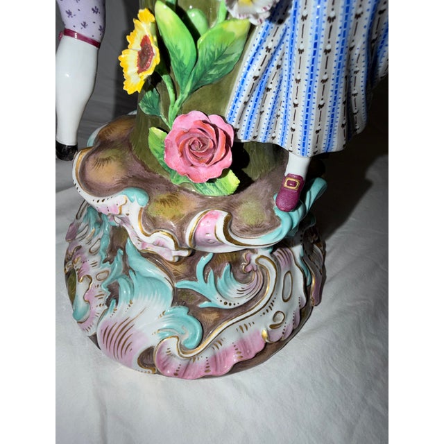 Ceramic Monumental Pair of Meissen Rococo Figural Compotes With Applied Floral Garlands, Circa 1900 For Sale - Image 7 of 15