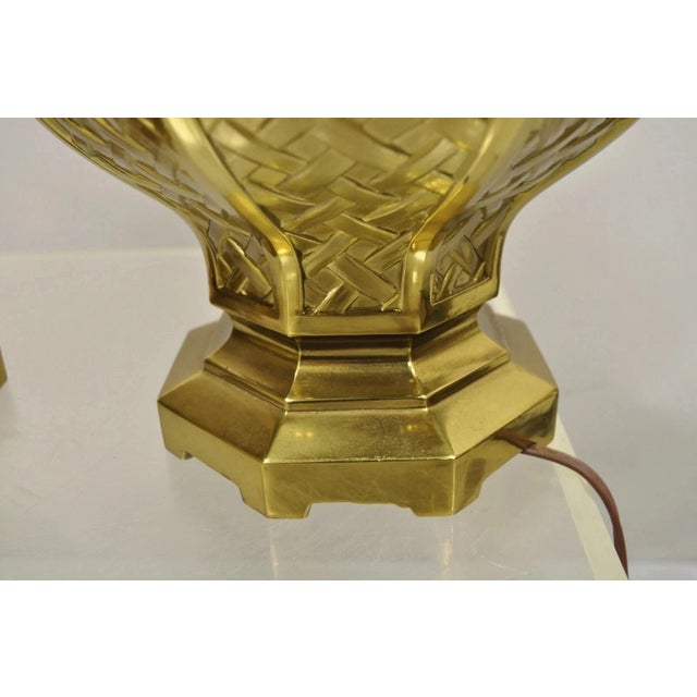 Vintage Hollywood Regency Brass Woven Basket Basketweave Table Lamps - A Pair For Sale - Image 9 of 10