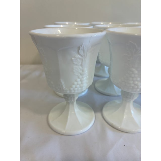 Mid 20th Century Vintage White Milk Glass Grape & Vine Pedestal Goblets, Set of 9 For Sale - Image 5 of 13